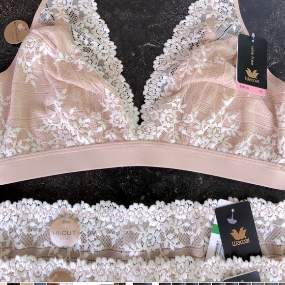 3 Piece - Wacoal lace-trimmed bralette & 2pair matching high-cut panties, “sand” - Picture 13 of 14